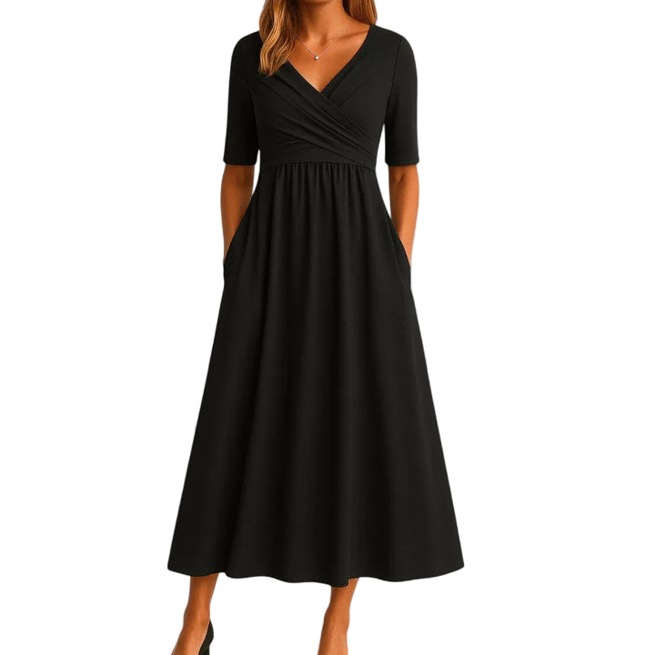 Camille | Women’s Wrap-Style V-Neck Midi Dress with Pockets