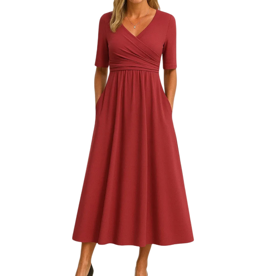 Camille | Women’s Wrap-Style V-Neck Midi Dress with Pockets